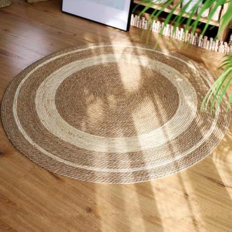 Jute Rug Carpet Floor Mat Round Shape with White Line Jute Carpet Hand Woven Natural Jute Rug Hand Braided Round Jute Carpet Doormat Natural Jute Floor Mat For Home Office 120x120cm - Image 1