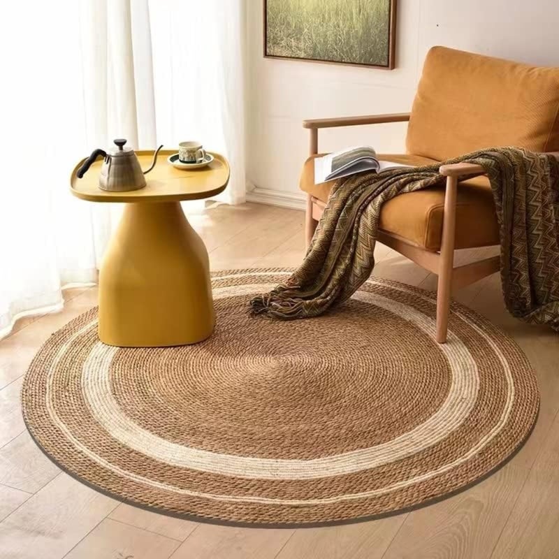 Jute Rug Carpet Floor Mat Round Shape with White Line Jute Carpet Hand Woven Natural Jute Rug Hand Braided Round Jute Carpet Doormat Natural Jute Floor Mat For Home Office 120x120cm - Image 4