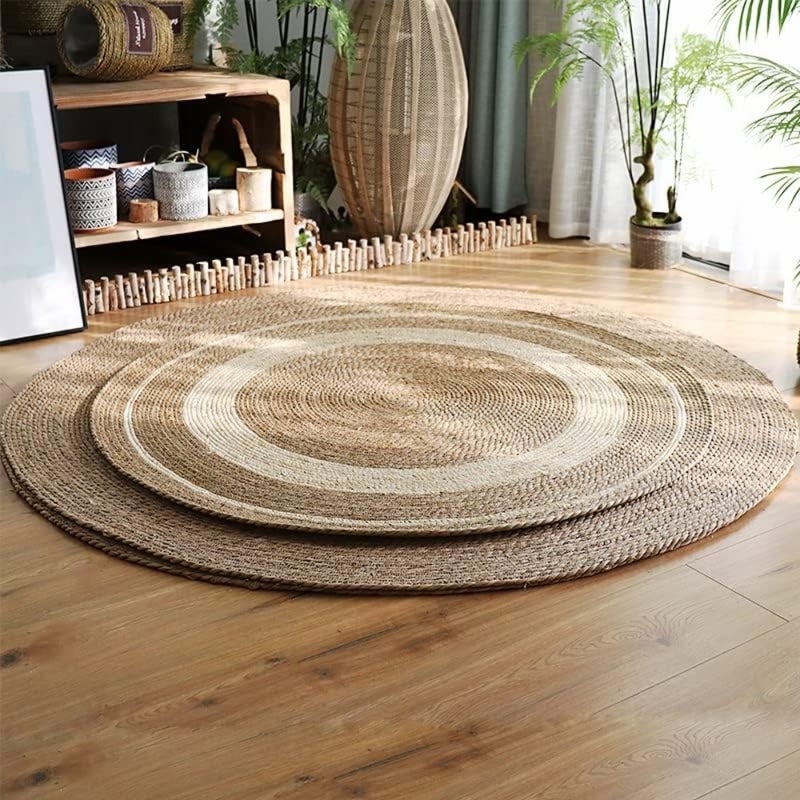 Jute Rug Carpet Floor Mat Round Shape with White Line Jute Carpet Hand Woven Natural Jute Rug Hand Braided Round Jute Carpet Doormat Natural Jute Floor Mat For Home Office 120x120cm - Image 5