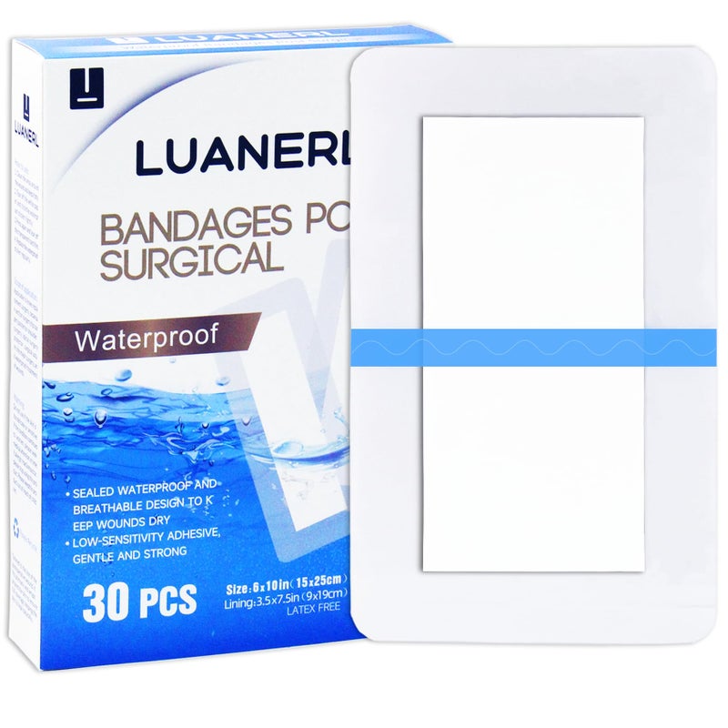 luanerl 30 Pack 6"x10" Waterproof Adhesive Island Dressing for Post-Surgery Recovery | Sterile Bordered Gauze Bandages with Non-Stick Pad for Knee/Hip Replacement, Surgical Incision Care & Shower Protection - Image 1