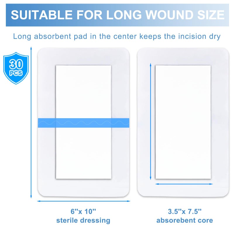 luanerl 30 Pack 6"x10" Waterproof Adhesive Island Dressing for Post-Surgery Recovery | Sterile Bordered Gauze Bandages with Non-Stick Pad for Knee/Hip Replacement, Surgical Incision Care & Shower Protection - Image 5