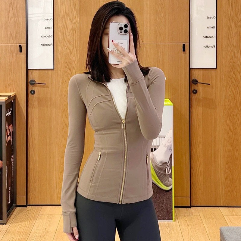 Generic Spring and Autumn Coat Sports Tight Zipper Jacket Womens Long Sleeve Top Fitness Pilates Yoga Training Suit Outer Wear Earthy yellow 
