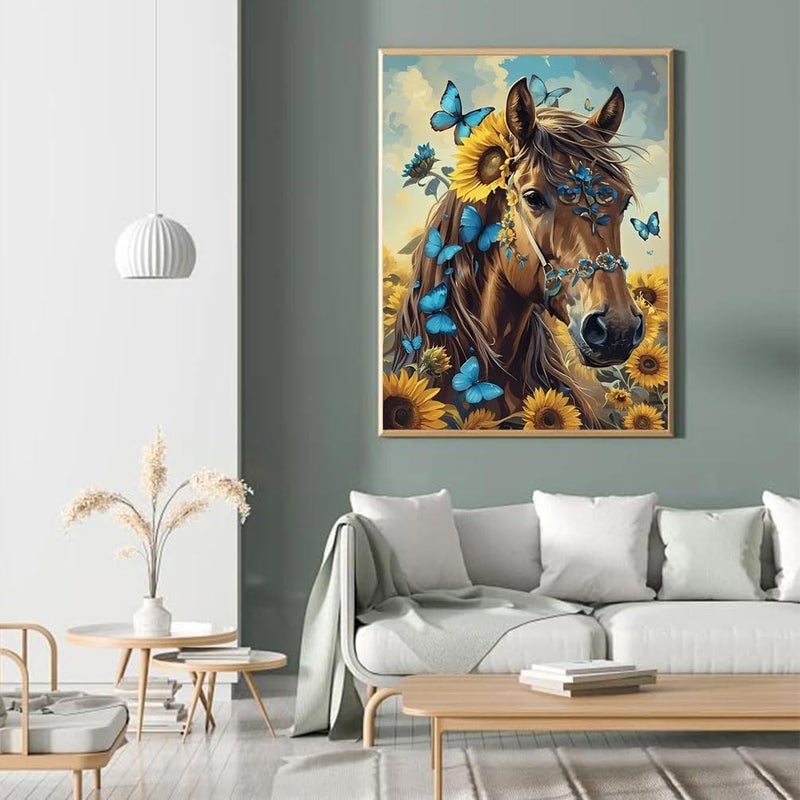 askkqtx Horse Diamond Art Kits for Adults, Butterfly Sunflowers Diamond Painting Kits for Beginnners, DIY 5D Full Drill Crystal Rhinestone Gem Art Craft Kits for Home Wall Decor 12X16 Inch - Image 2