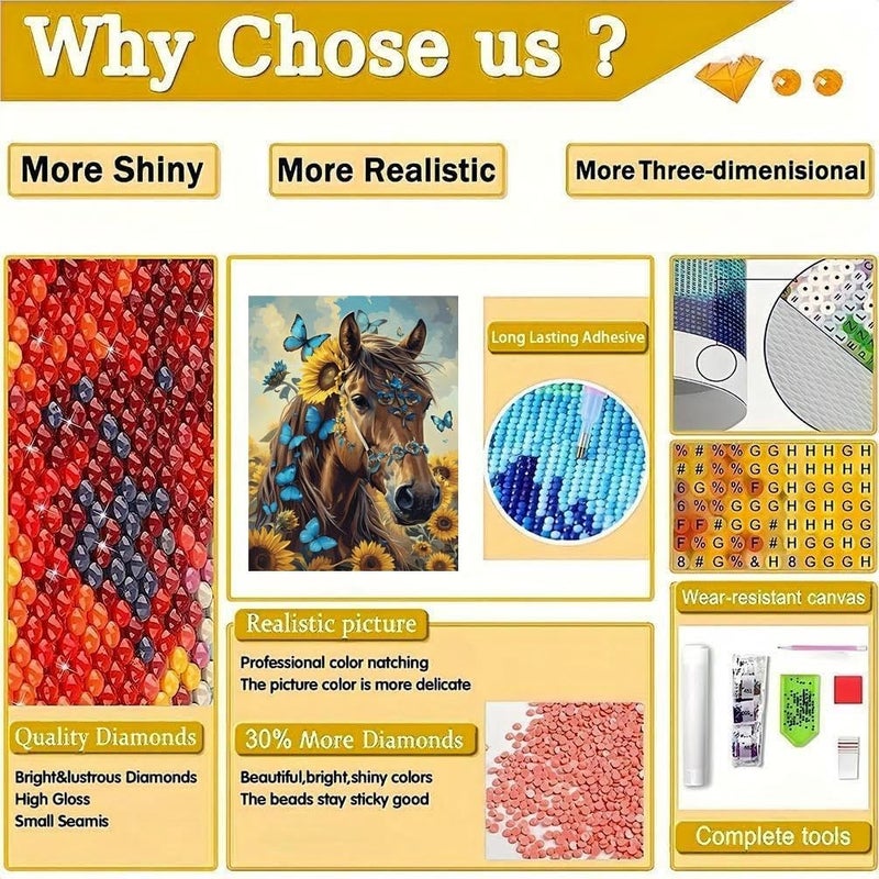 askkqtx Horse Diamond Art Kits for Adults, Butterfly Sunflowers Diamond Painting Kits for Beginnners, DIY 5D Full Drill Crystal Rhinestone Gem Art Craft Kits for Home Wall Decor 12X16 Inch - Image 4