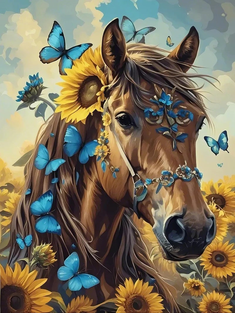 askkqtx Horse Diamond Art Kits for Adults, Butterfly Sunflowers Diamond Painting Kits for Beginnners, DIY 5D Full Drill Crystal Rhinestone Gem Art Craft Kits for Home Wall Decor 12X16 Inch - Image 1