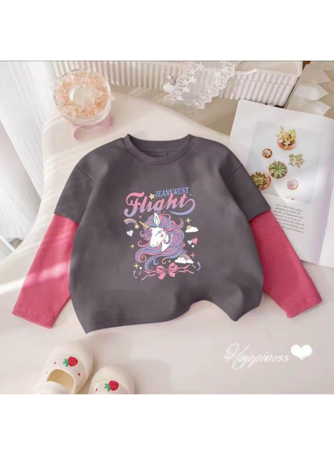 Pure Cotton Girls' Mock Two-piece Long Sleeve T-shirt New Spring/autumn Style Cartoon Patchwork Round Neck Base Layer Fashion Autumn Outfit For Children