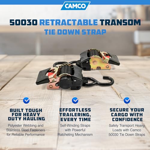 Camco 50030 Retractable Transom Tie Down Strap (2” Width, 5.5’, Bolt-On), Black - Image 2