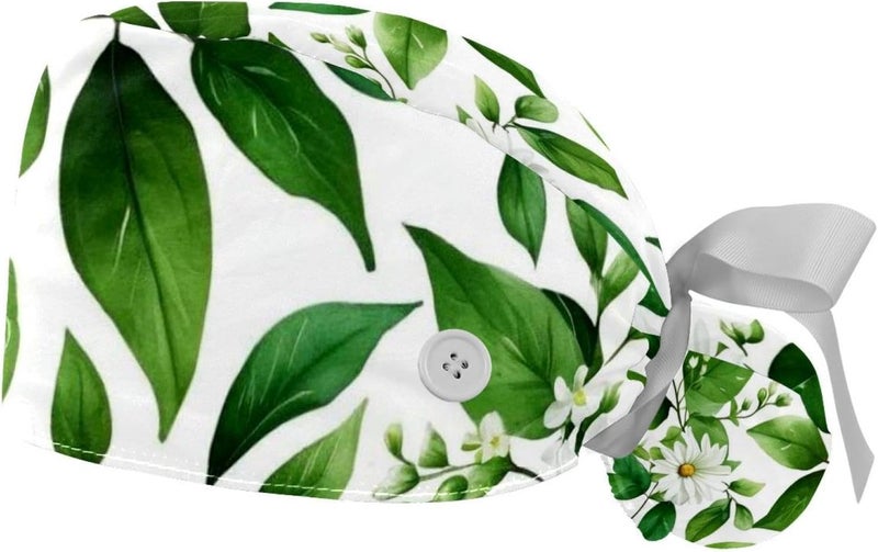 2 Packs Flowers and Green Leaves Working Cap and Sweatband Adjustable Tie Back Bouffant Hats for Woman Man - Image 1