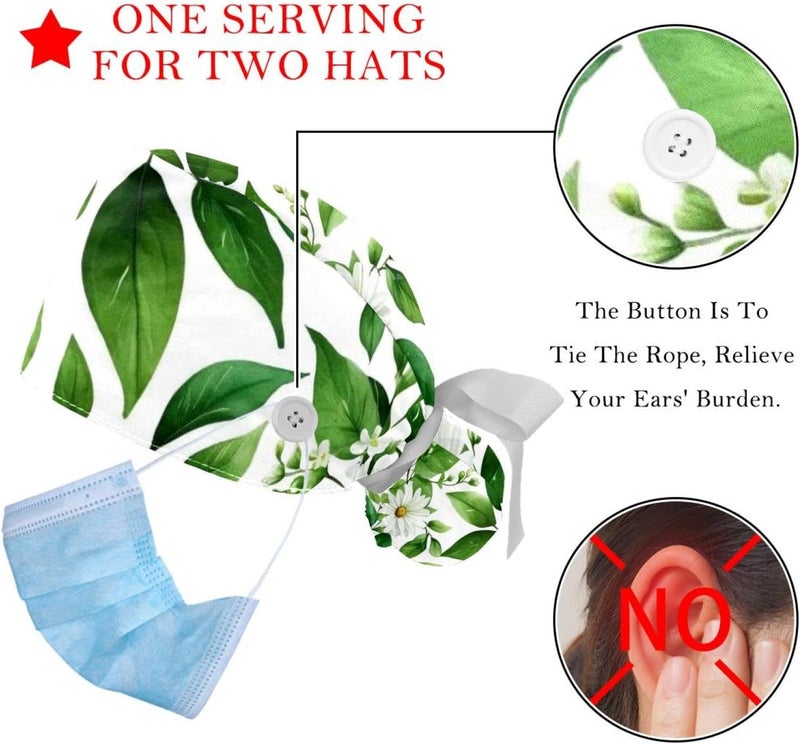 2 Packs Flowers and Green Leaves Working Cap and Sweatband Adjustable Tie Back Bouffant Hats for Woman Man - Image 3
