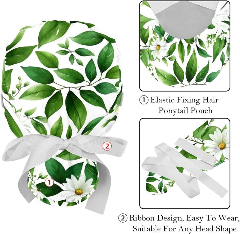 2 Packs Flowers and Green Leaves Working Cap and Sweatband Adjustable Tie Back Bouffant Hats for Woman Man - Image 4