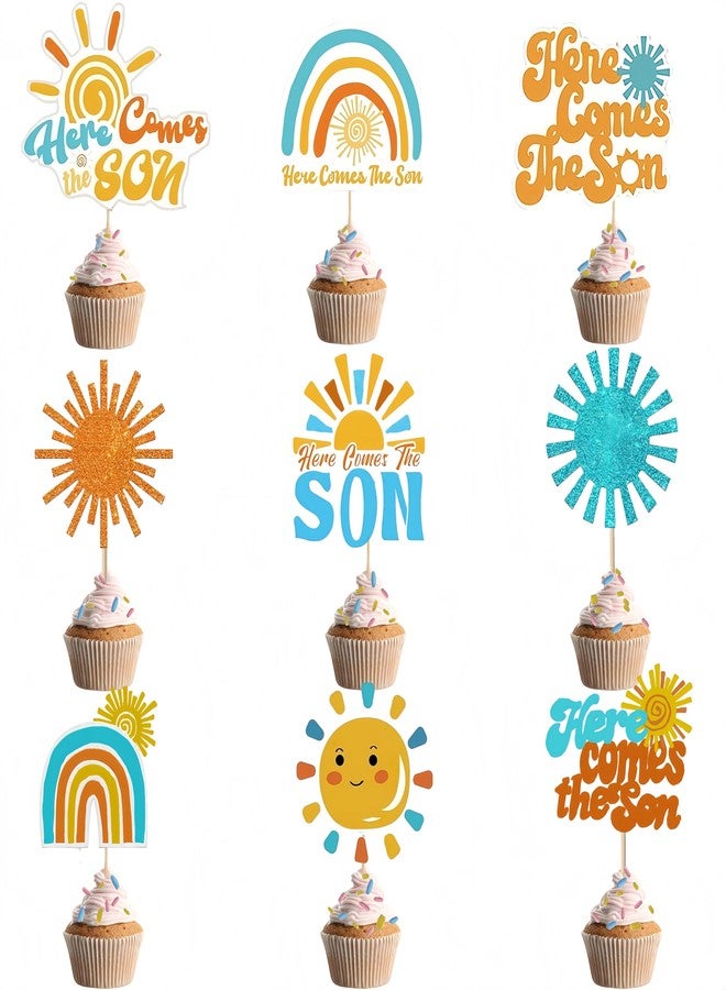 SENEMO 60PCS Here Comes the Son Cupcake Toppers Here Comes the Son Baby Shower Decorations for Sun Theme Baby Shower Birthday Wedding Party Decorations - Image 1