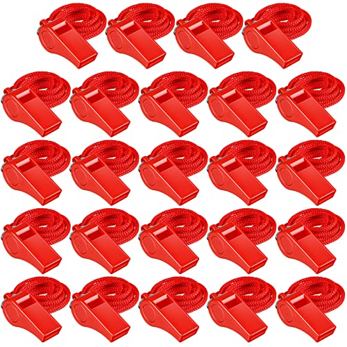 Deekin 24 Pcs Whistles for Coaches Red Plastic Whistle with Lanyard Bulk Sports Loud Crisp Sound for Referee Training Soccer Self Defense and Emergency - Image 1