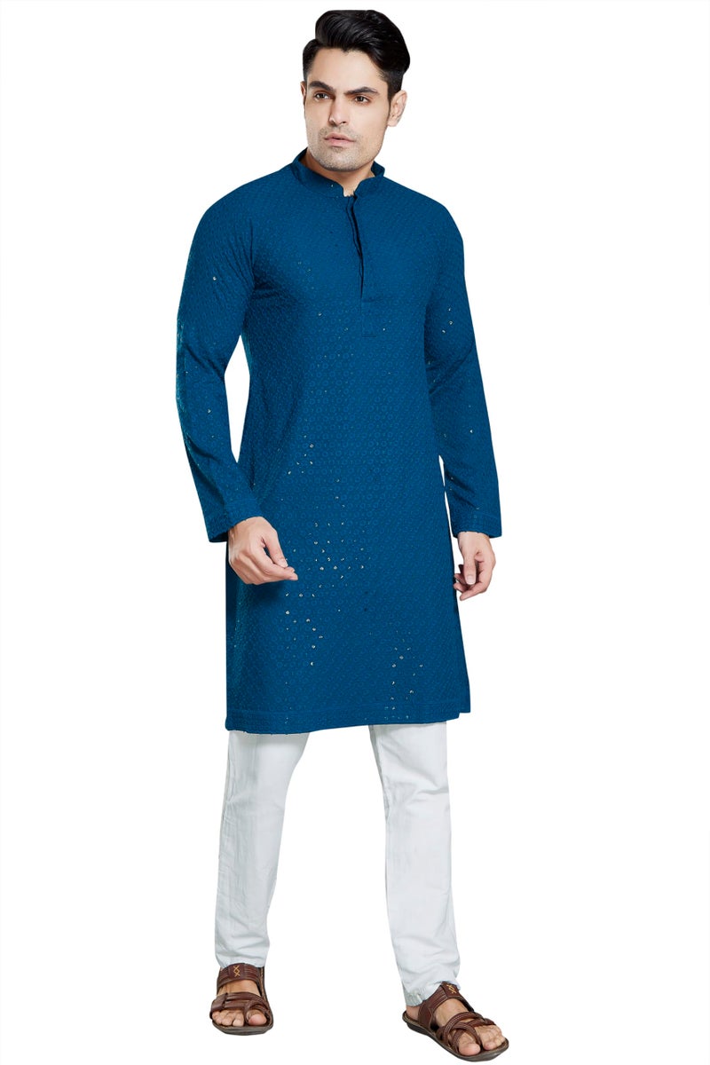 DIVISIVE Men's Sequince Embroidered Cotton Blend Slim Fit Kurta Pyjama Set (DKRT37_XL_Teal) - Image 1