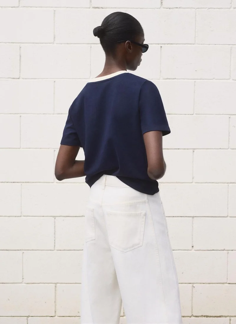 MANGO Contrasting Collar Cotton T-Shirt