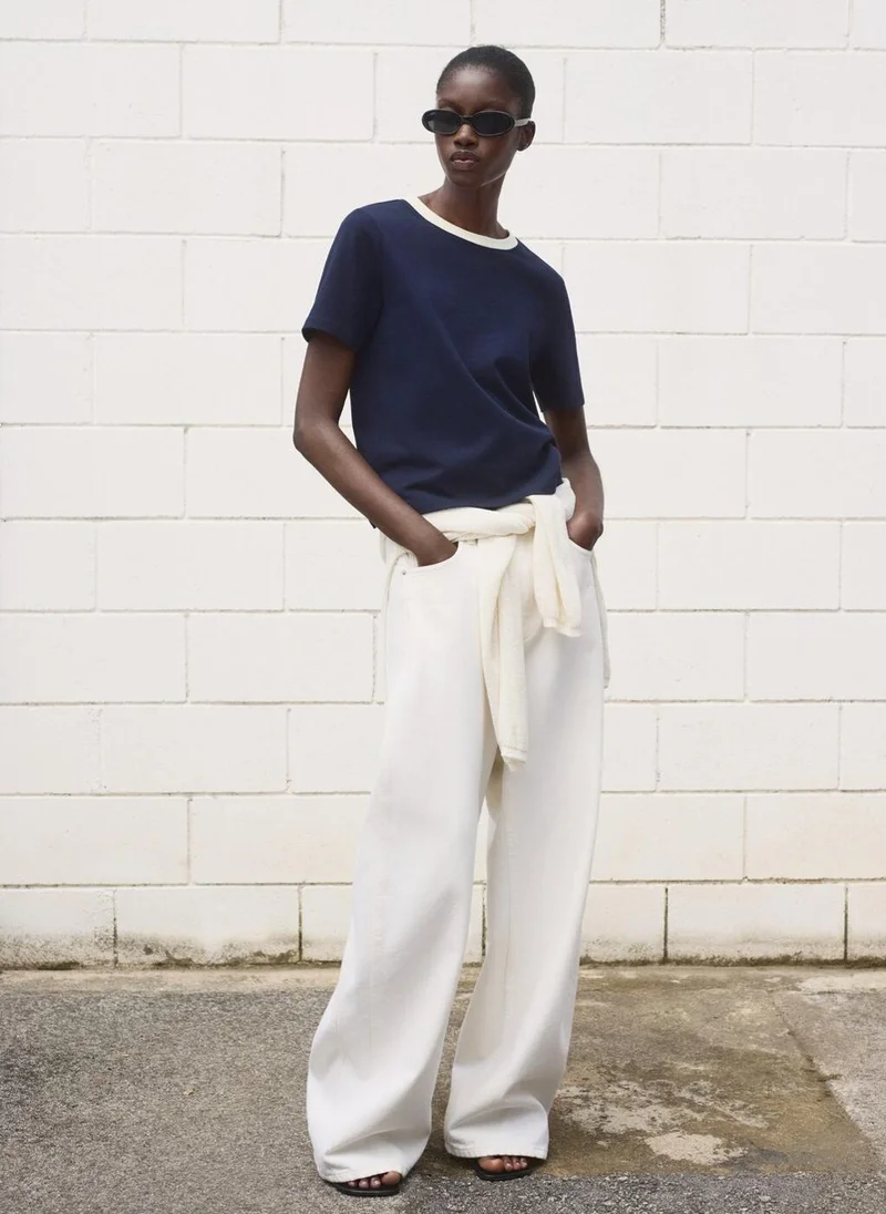 MANGO Contrasting Collar Cotton T-Shirt