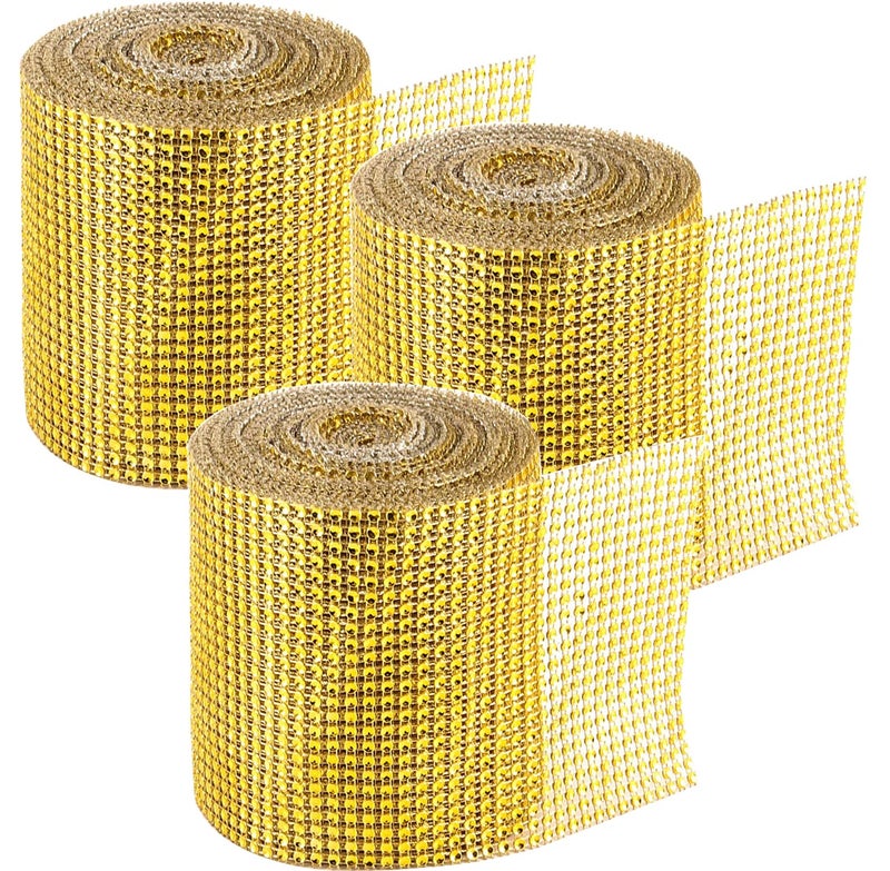 ZOENHOU 3 Roll 30 Yards Total 24 Row Crytal Bling Diamond Mesh Ribbon, 4.75 Inch x 10 Yard Gold Rhinestone Ribbon, Gold Mesh Ribbon for Centerpiece, Wedding, Cake, Vase Decorations - Image 1