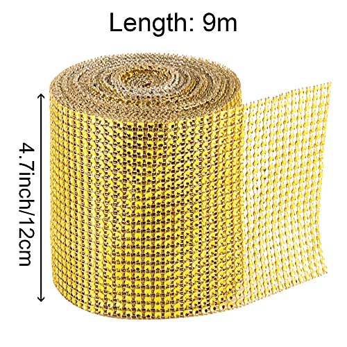 ZOENHOU 3 Roll 30 Yards Total 24 Row Crytal Bling Diamond Mesh Ribbon, 4.75 Inch x 10 Yard Gold Rhinestone Ribbon, Gold Mesh Ribbon for Centerpiece, Wedding, Cake, Vase Decorations - Image 2