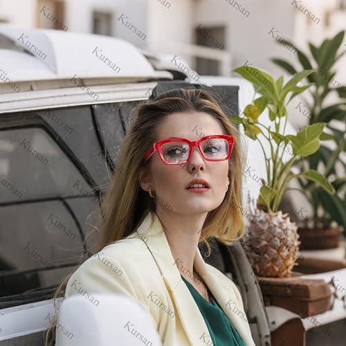 Kursan Classic Non Prescription Clear Lens Glasses for Women Men Thick Square Frame Eyeglasses (Red) - Image 3