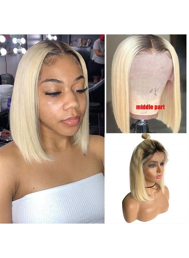 Ombre Blonde Lace Front Wigs Virgin Human Hair Soft Straight 12" 150% Density Middle Part Remy Hair Pre Plucked Bleached Knots T- Part lace wig for Women(1b/613 )