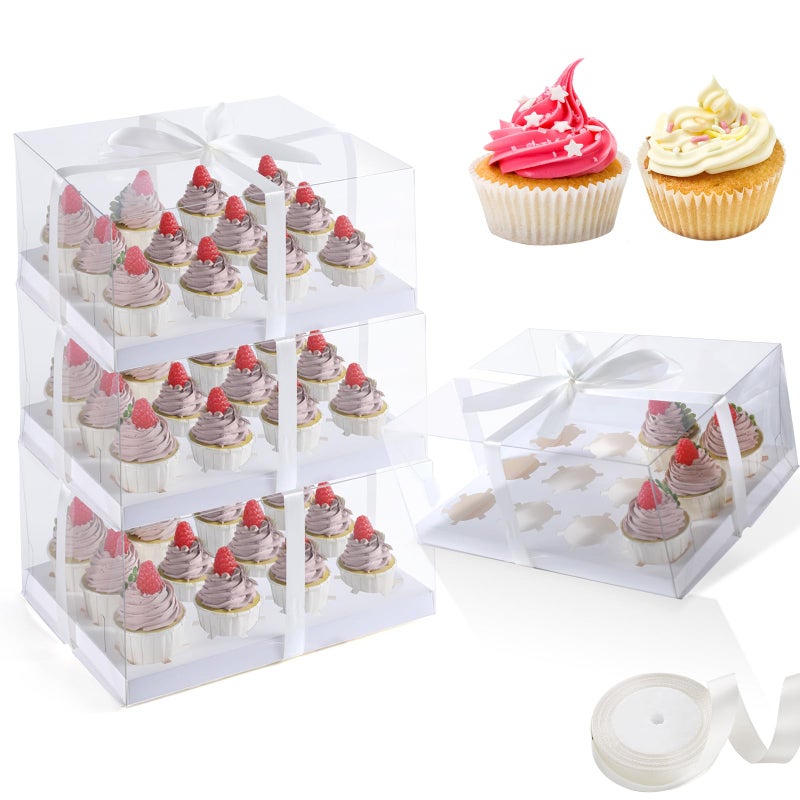 JCD 5.5inches height 4 Sets x 12 Counts Cupcake Containers Clear Plastic Cupcakes Box 12 Holders Dozen Cupcake Boxes, Disposable Cupcake Carrier Holder with Detachable Lid, BPA Free(12count/4pcs) - Image 1