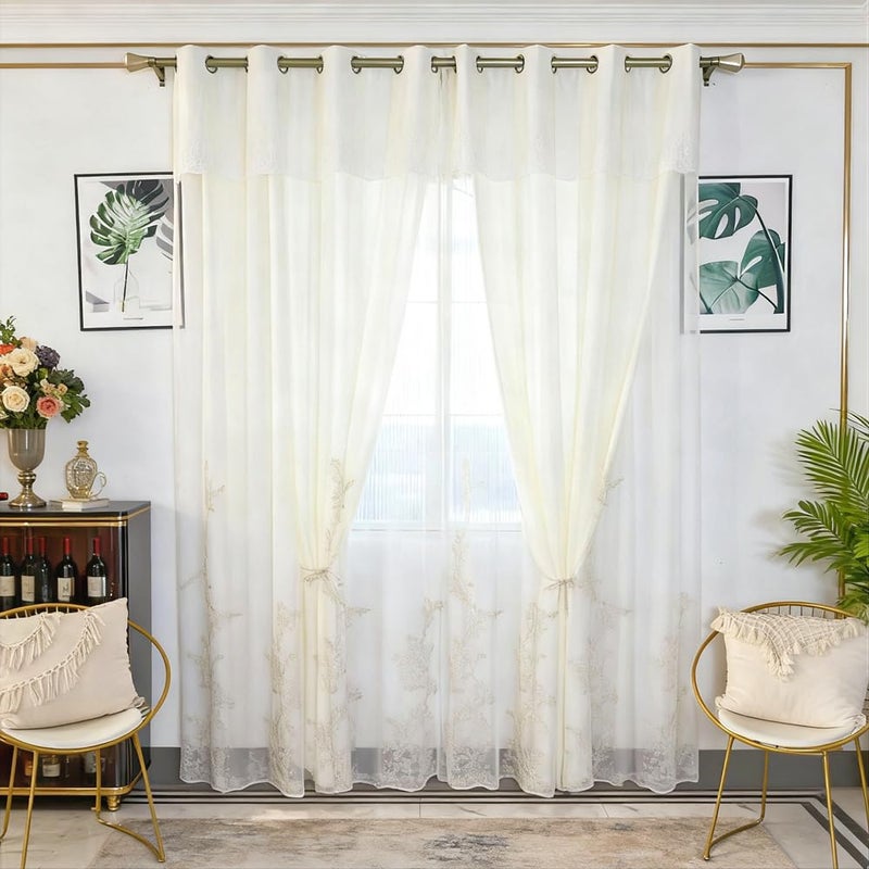 Amidoudou 1 Pair European Double Layer Curtains for Living Room Bedroom Luxury Flower Embroidered Curtains (White,51x90 Inch) - Image 1