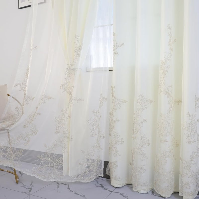 Amidoudou 1 Pair European Double Layer Curtains for Living Room Bedroom Luxury Flower Embroidered Curtains (White,51x90 Inch) - Image 5