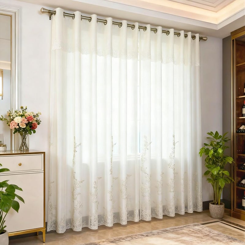 Amidoudou 1 Pair European Double Layer Curtains for Living Room Bedroom Luxury Flower Embroidered Curtains (White,51x90 Inch) - Image 3