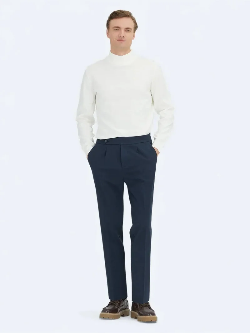 Kip Navy Blue Weaving Carrot Fit Casual Cotton Blended Trousers