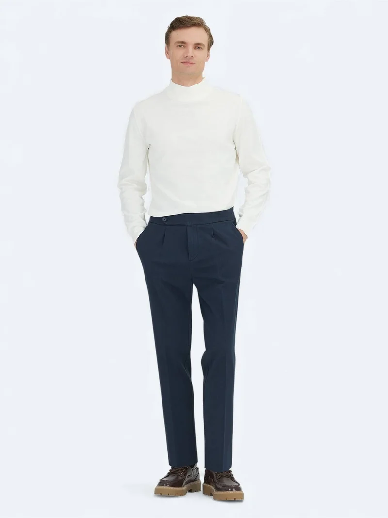 Kip Navy Blue Weaving Carrot Fit Casual Cotton Blended Trousers