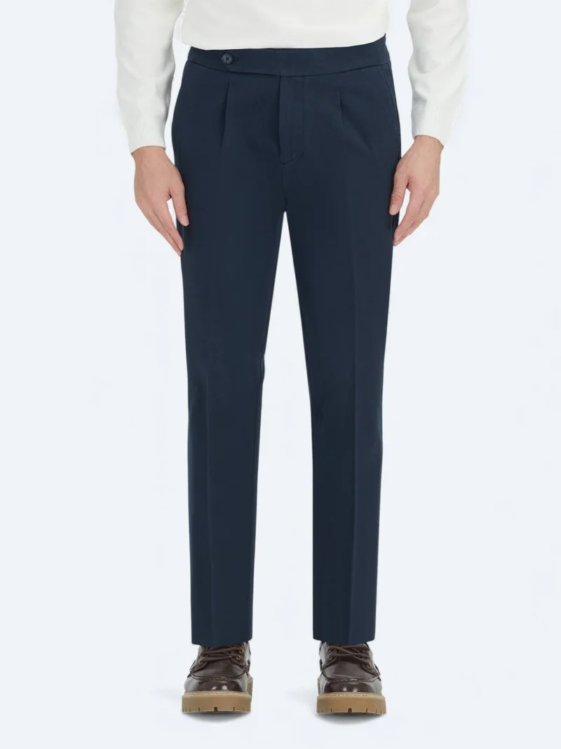 Kip Navy Blue Weaving Carrot Fit Casual Cotton Blended Trousers