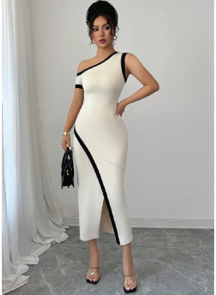SHEIN Women Asymmetric Collar Slit Hem Fitted Elegant Dress - Image 1