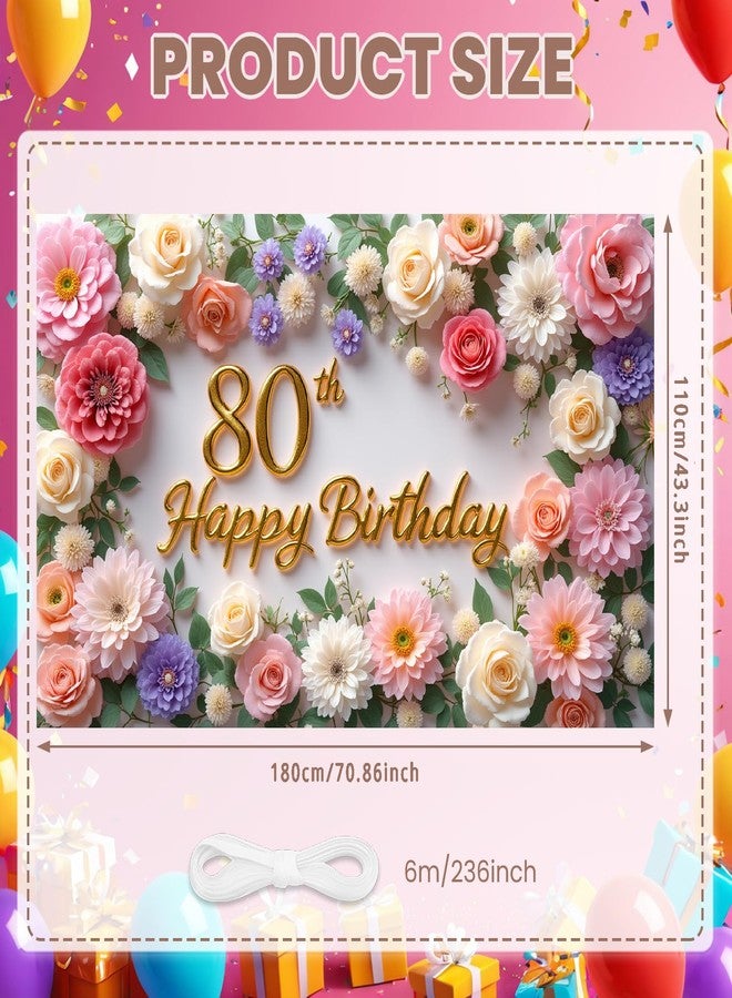 LUUFILx Flower 80th Birthday Banner Decorations for Women Pink Roses Floral Happy 80th Birthday Banner Backdrop Sign for 80 Years Old Anniversary Party Home Wall Outdoor Indoor Photo Booth Background Supplies - Image 3