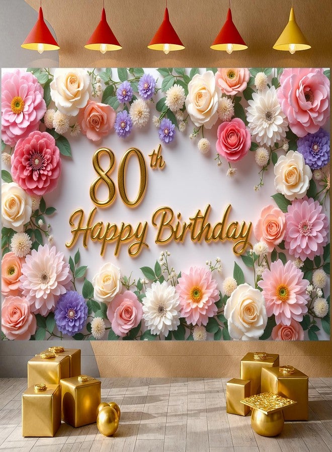 LUUFILx Flower 80th Birthday Banner Decorations for Women Pink Roses Floral Happy 80th Birthday Banner Backdrop Sign for 80 Years Old Anniversary Party Home Wall Outdoor Indoor Photo Booth Background Supplies - Image 1