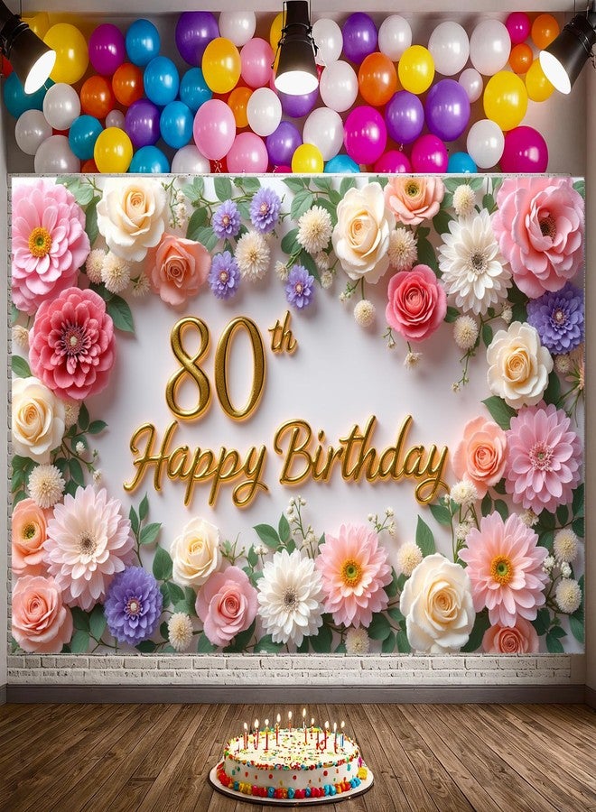 LUUFILx Flower 80th Birthday Banner Decorations for Women Pink Roses Floral Happy 80th Birthday Banner Backdrop Sign for 80 Years Old Anniversary Party Home Wall Outdoor Indoor Photo Booth Background Supplies - Image 2