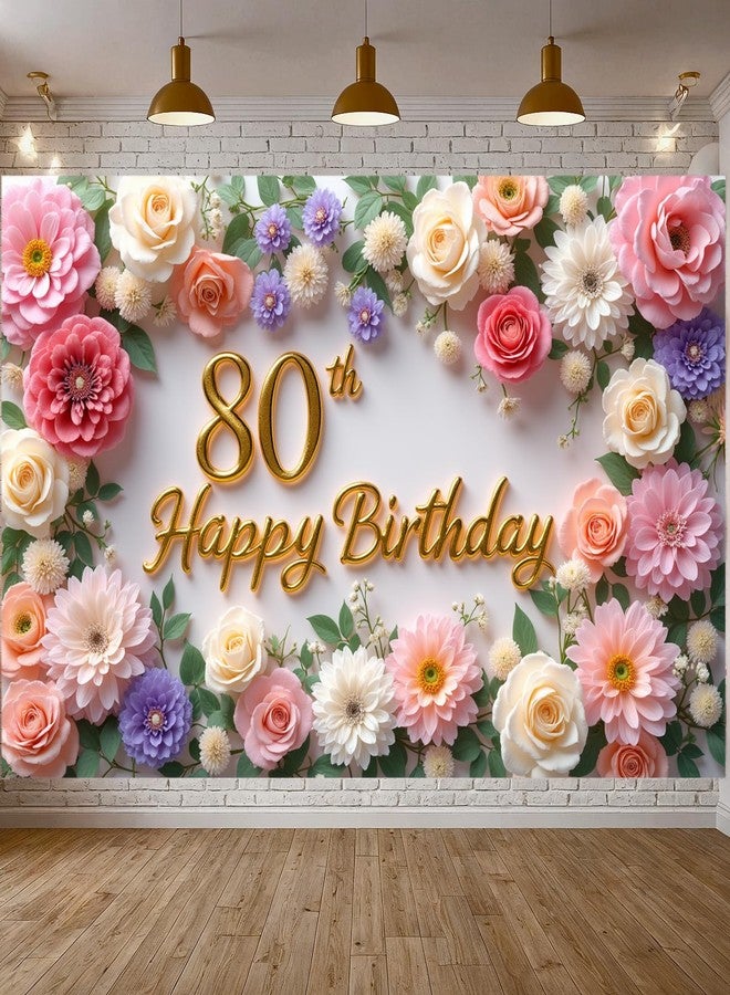 LUUFILx Flower 80th Birthday Banner Decorations for Women Pink Roses Floral Happy 80th Birthday Banner Backdrop Sign for 80 Years Old Anniversary Party Home Wall Outdoor Indoor Photo Booth Background Supplies - Image 5