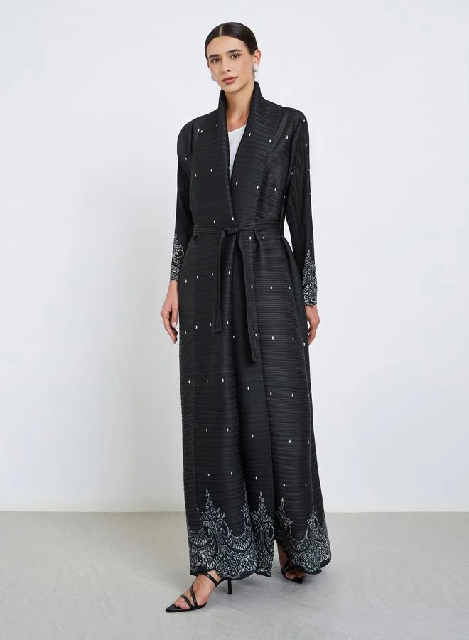 تايك تو عباية محبوكة بكسرات بطبعة زهور وأكمام طويلة