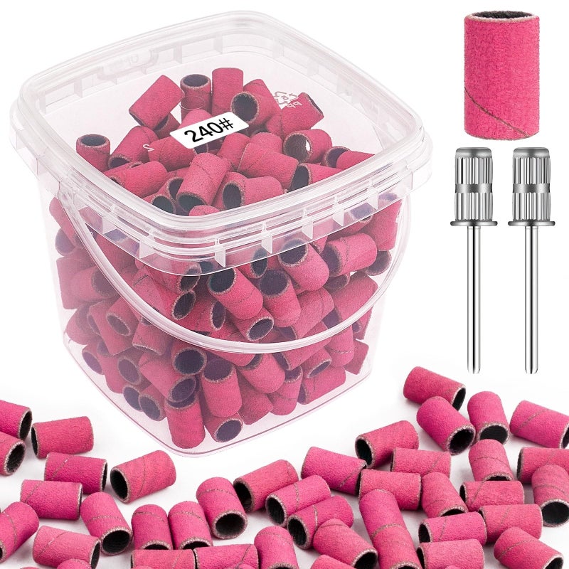 Rolybag Sanding Bands for Nail Drill 240 Grit Extreme Fine Nail Sanding Bands 200Pcs Pink Professional Sanding Bands and 2Pcs Nail Drill Bits for Manicures and Pedicure - Image 1