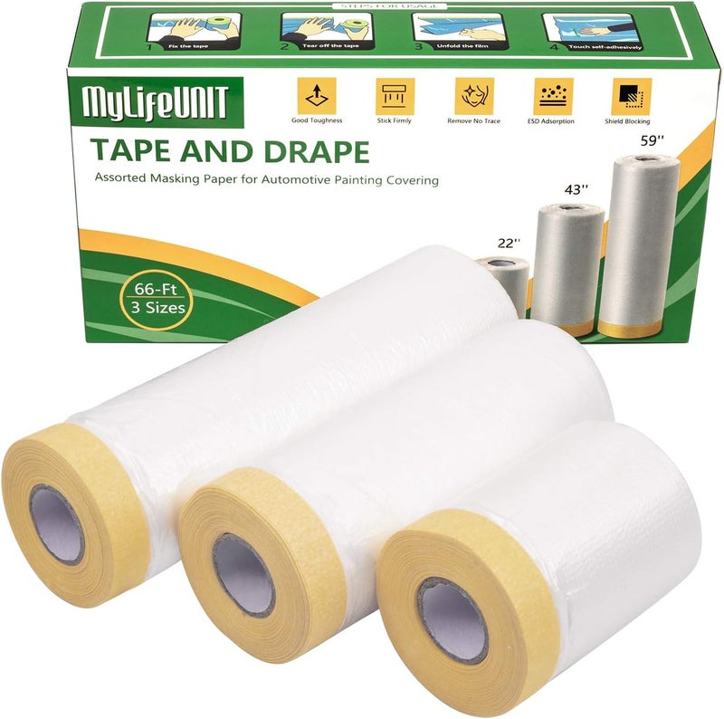 MyLifeUNIT Tape and Drape, Assorted Masking Paper for Automotive Painting Covering (66-Feet, 3 Sizes) - Image 2