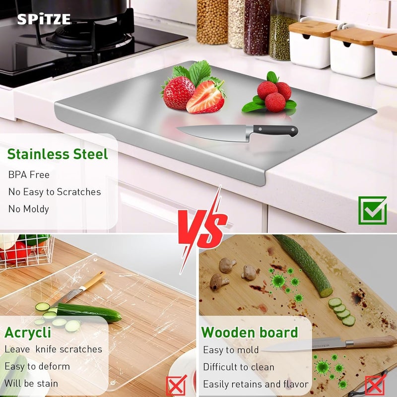 SPITZE Odor free color Extra Large Stainless Steel Chopping Board for Kitchen with Lip | 304 Stainless Steel Cutting Board for Vegetables, Meat, Fruits and Dough Making | Heavy Duty Steel Worktop Board (50x40 cm) Flexible varied design - Image 4