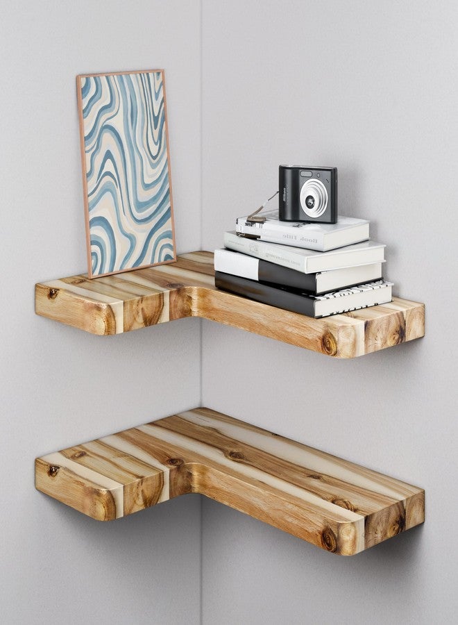 BATODA Acacia Corner Floating Shelves 17“x12”, Wall Shelves - Floating Book Shelves for Wall, Corner Bookshelf for Home Decor - Wooden Shelves with Bracket and Hardware, Boho Decor (Natural Color) - Image 1