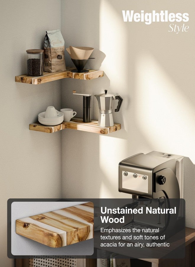 BATODA Acacia Corner Floating Shelves 17“x12”, Wall Shelves - Floating Book Shelves for Wall, Corner Bookshelf for Home Decor - Wooden Shelves with Bracket and Hardware, Boho Decor (Natural Color) - Image 5