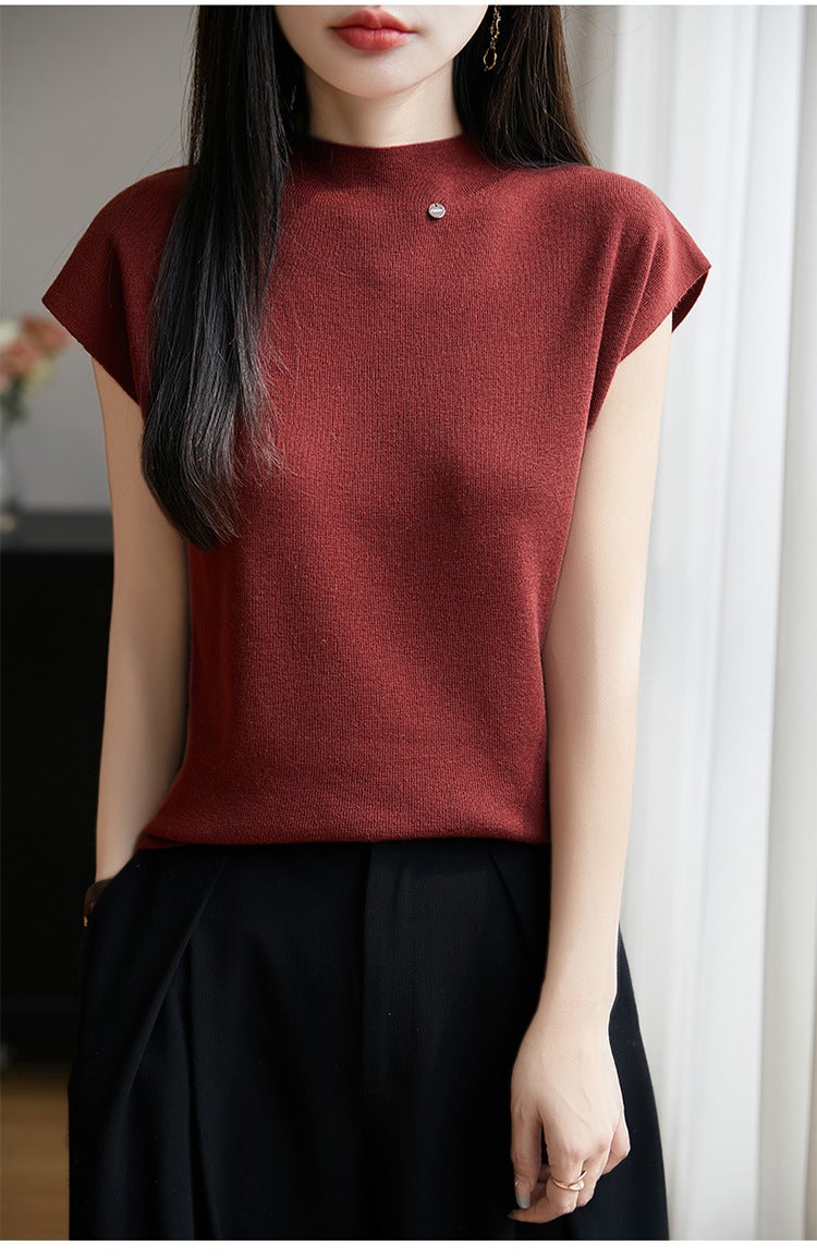Summer Worsted Wool Flying Sleeve Self-Led Knitted Short-Sleeved T-Shirt Women'S Solid Color Sleeveless Top Base Half-High Collar - Image 1
