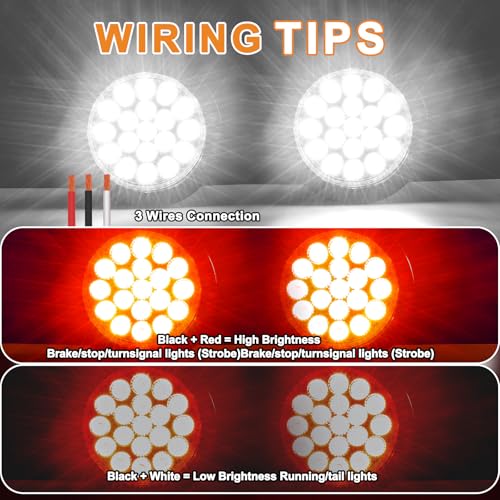 Wodvyss 2 PCS 4 Round RedWhite Led Trailer Tail Lights Kit 4 Inch 19 LED Stop Brake Turn Backup Reverse Running Lamps for Truck Semi Trailer RV Jeep wGrommets 3Prong Wire Pigtails - Image 3