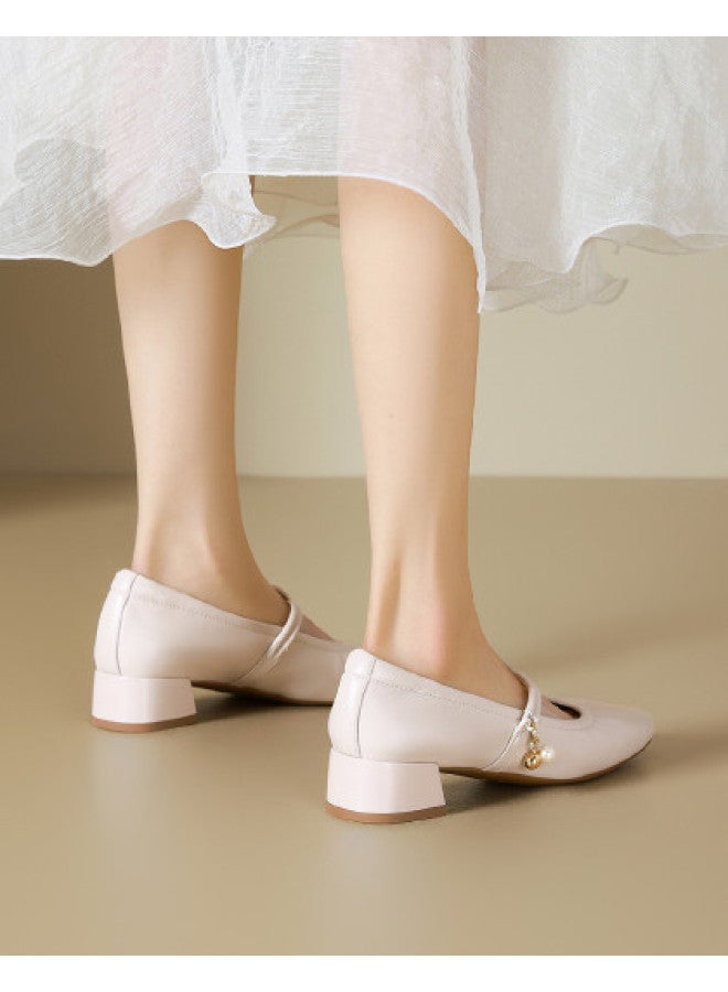 St&Sat Suede】3.5cm Heel Mary Jane Shoes For Women, New Versatile Wrinkle Detail Commuting Chunky Heel Flats - Image 1