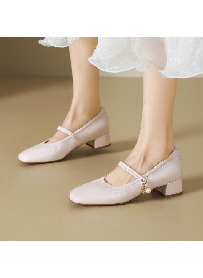 St&Sat Suede】3.5cm Heel Mary Jane Shoes For Women, New Versatile Wrinkle Detail Commuting Chunky Heel Flats - Image 4