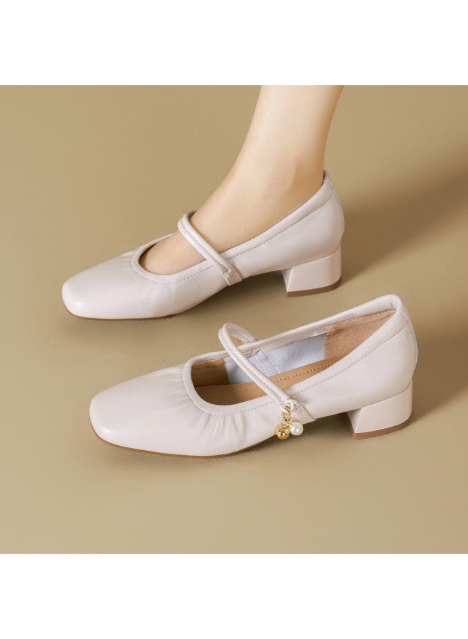 St&Sat Suede】3.5cm Heel Mary Jane Shoes For Women, New Versatile Wrinkle Detail Commuting Chunky Heel Flats - Image 2