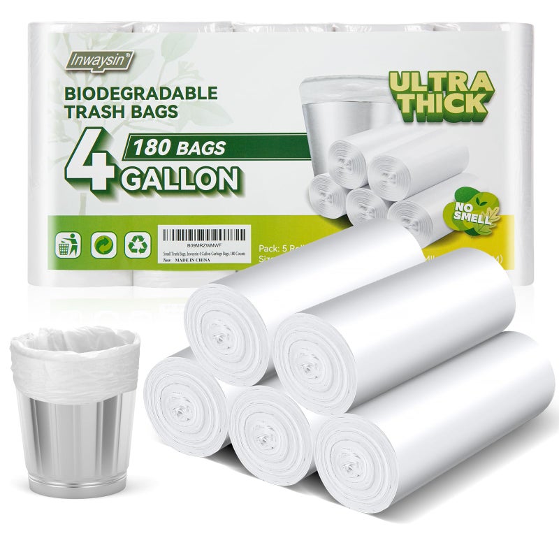 Inwaysin 4-6 Gallon Small Trash Bags Biodegradable 180 Counts, Ultra Thick & Strong 4 Gallon Trash Bag, Unscented Small Garbage Bags, Easy Tearing Waste Basket Liners for Bathroom, Bedroom, Office - Image 1