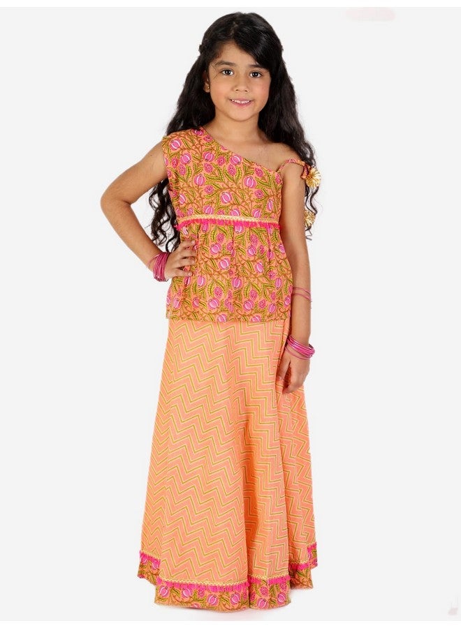 superminis Baby Girls Cotton Jaipuri Print One Side Off Shoulder Top/Kurti and Printed Lehnga/Skirt with Dori Closure Dress (Orange, 12-18 Months) - Image 2