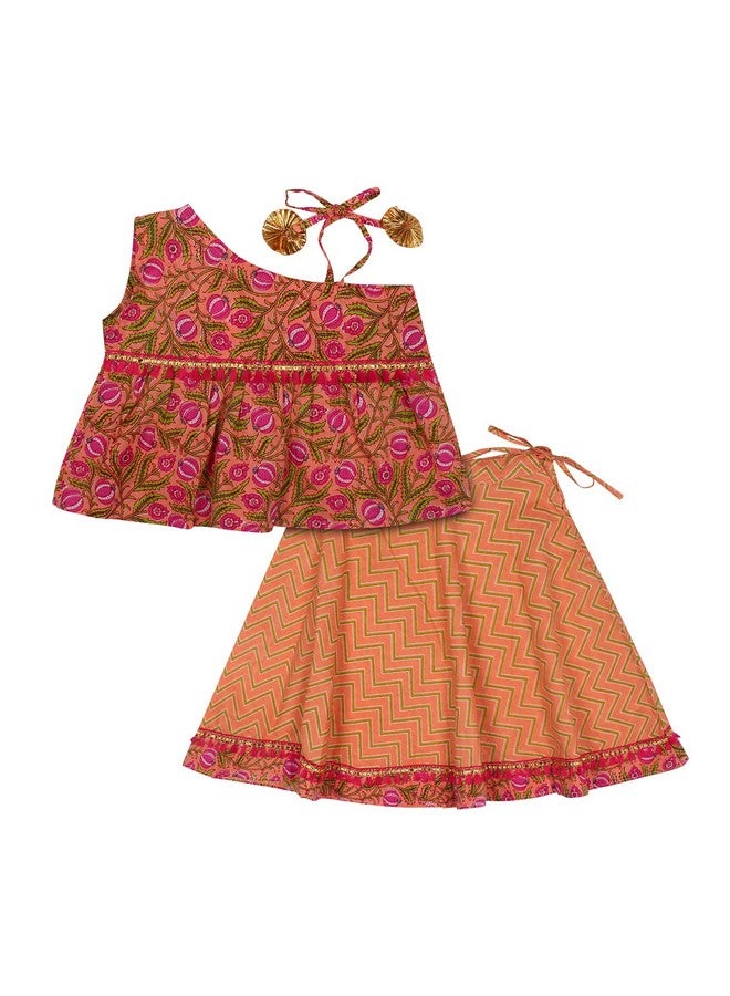 superminis Baby Girls Cotton Jaipuri Print One Side Off Shoulder Top/Kurti and Printed Lehnga/Skirt with Dori Closure Dress (Orange, 12-18 Months) - Image 1