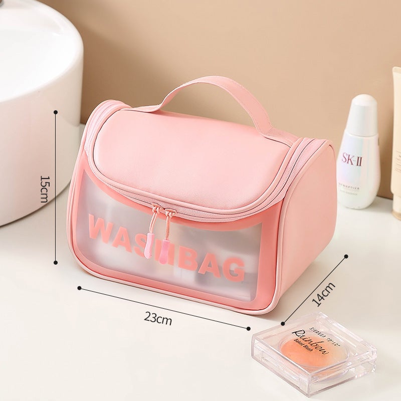 Dual-Layer Transparent PU Cosmetic Bag Pink flip cap
